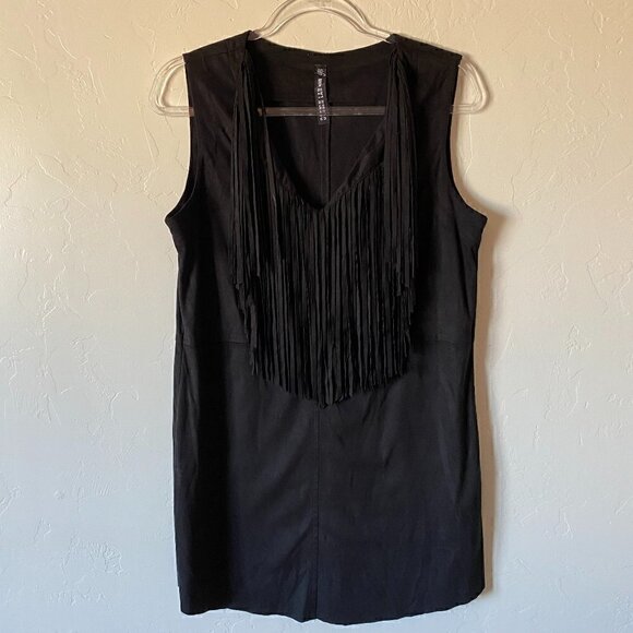Design Lab Lord & Taylor Black Faux Suede Fringe Mini Dress - Picture 1 of 6